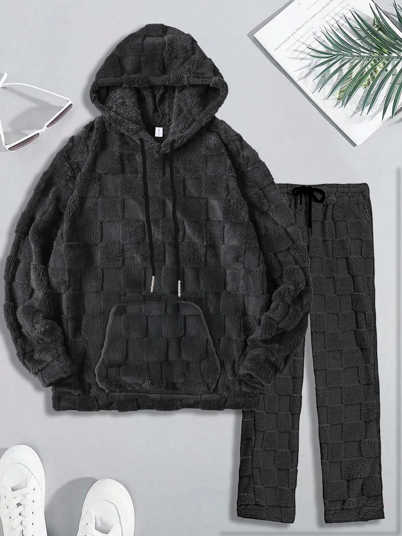 

Men's Dark Gray Checkered Fleece Set 2 Piece Hooded Sweatshirt & Jogger Pants Warm Loungewear