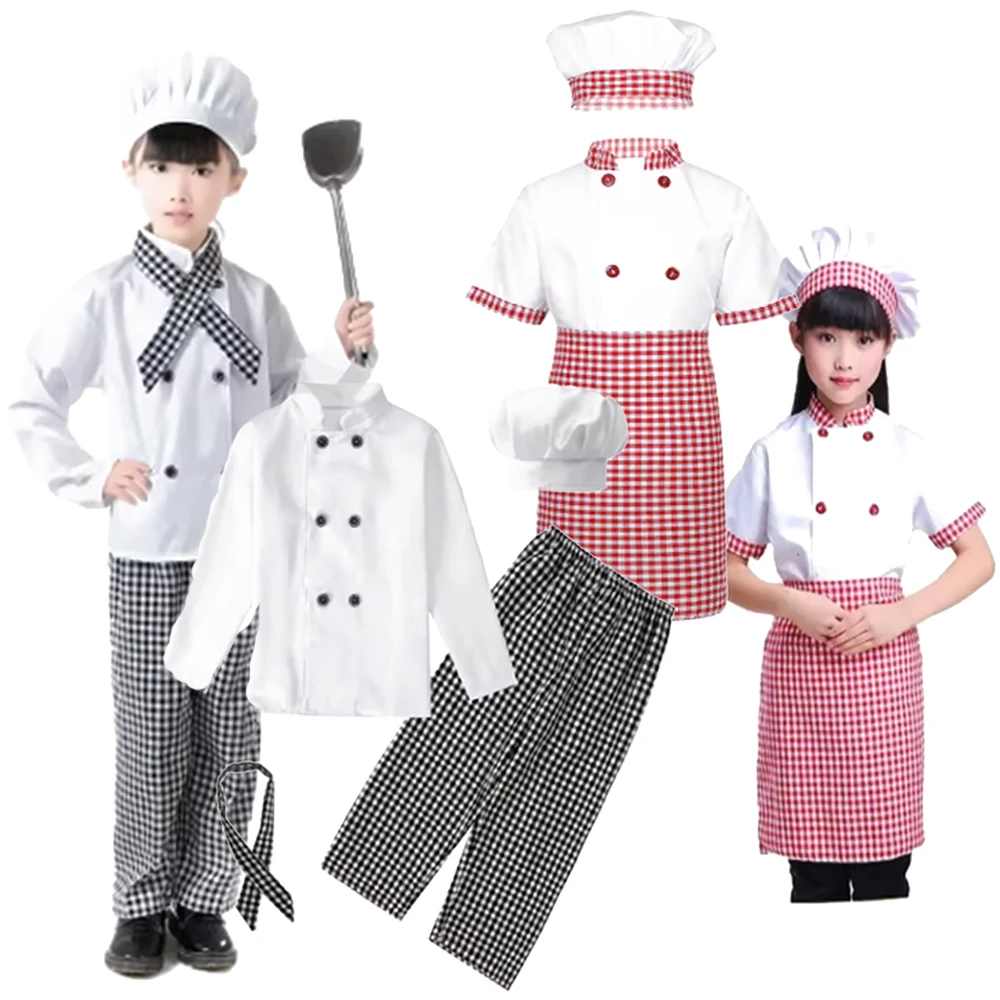 Conjunto de disfraz de chef para niños, pantalones a cuadros, chaqueta de cocinero con sombrero para Halloween, carnaval, actuación culinaria