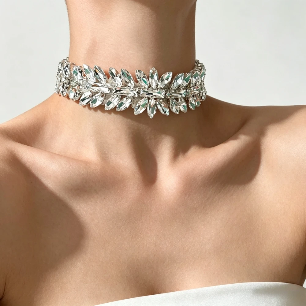 Rhinestone Choker Necklace Silver Diamond Chain Chunky Sparkly Crystal Chokers Women's Wedding Prom Costume Necklaces