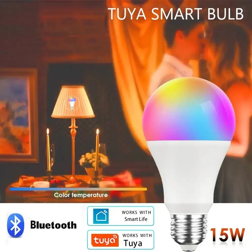 15W E27 Tuya LED Bulb Smart Life APP Control Dimmable RGB Color Ampoule LED Light Bulb Work with Home Bedroom AC 85- 265V