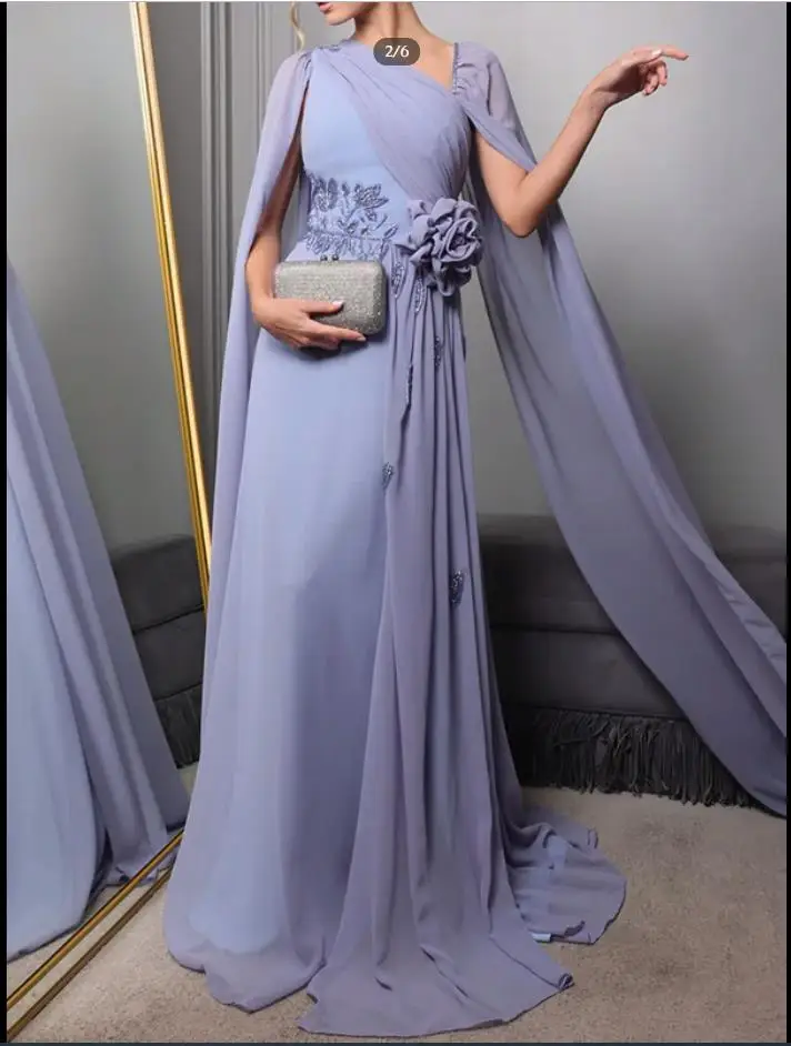 Suknia wieczorowa z asymetrycznym dekoltem, rękawami typu peleryna, zdobiona koralikami, syreni krój, sukienki bankietowe, ręcznie robione kwiaty, odzież formalna.