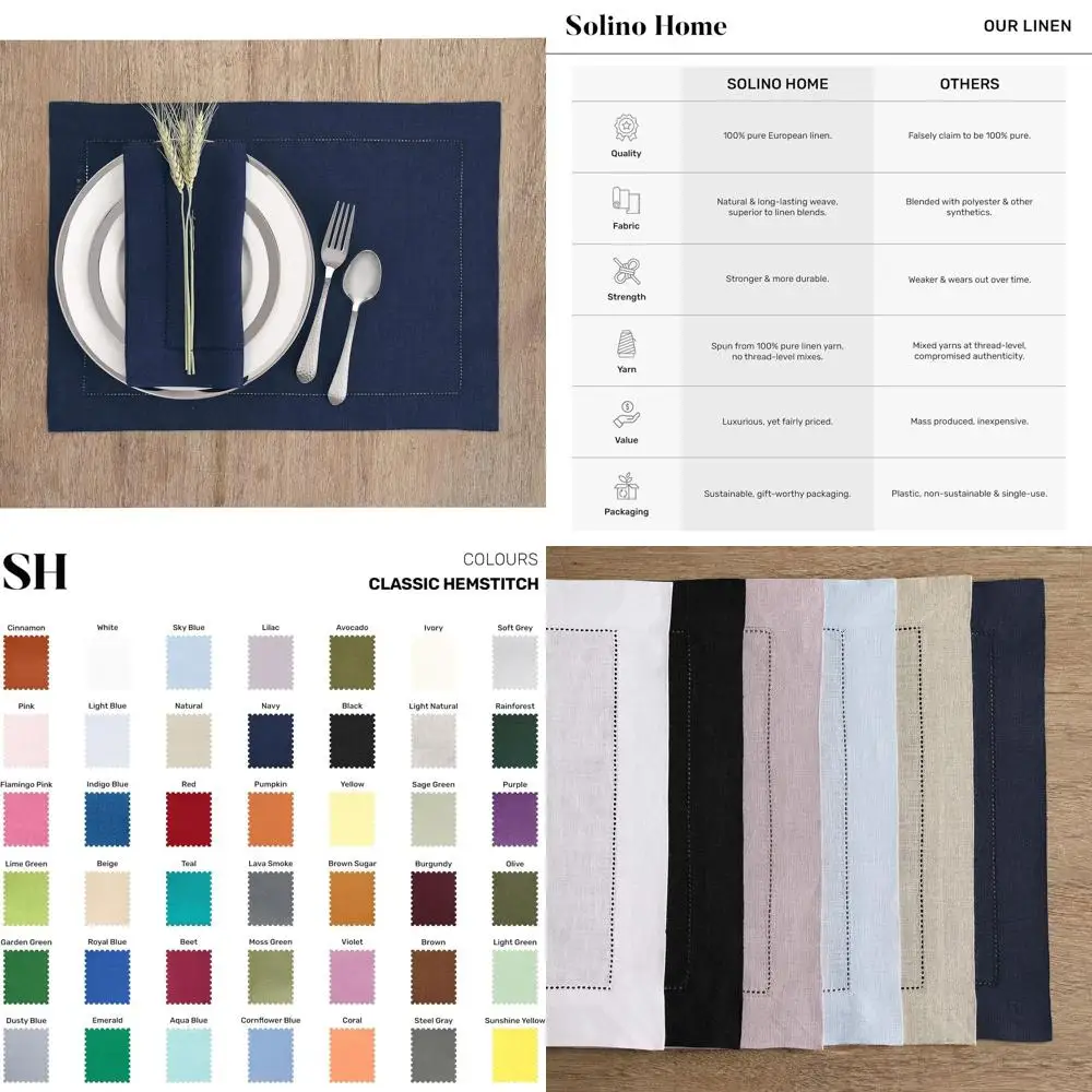 

Set of 4 Navy Blue Hemstitch Linen Placemats - 14x19 Inches, Pure Linen Table Mats for Winter and Easter Celebrations