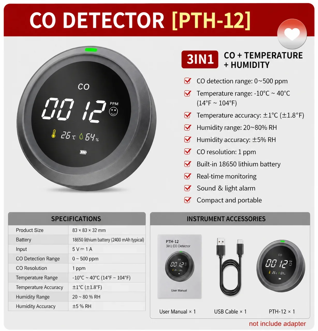 

FABISENSE Portable CO Detector 3 in 1 High-Precision Carbon Monoxide Detector, CO Detector with Temp/Humidity Sensor CO Detector