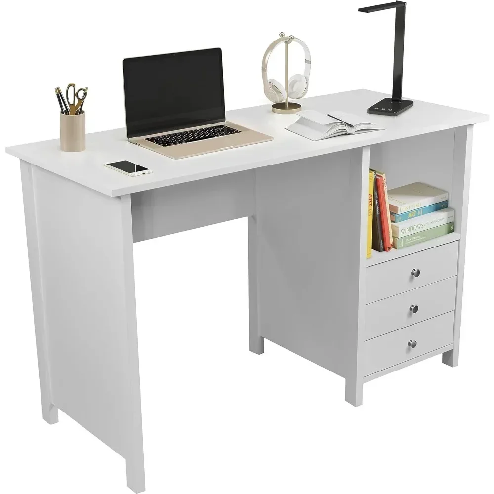 White Desk with Drawers - Small Office Desk with 3 Cabinet Drawers, Open Shelf, & Laminated Wooden Panels Office & Study Table