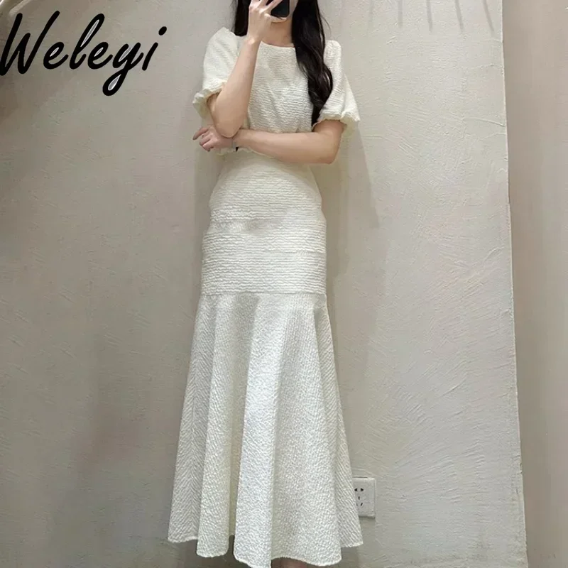 

Summer Advanced Skirts Suit 2 Pieces Set Femme 2024 New Elegant Puff Sleeve Top and Mid-length White Fishtail Skirt Female