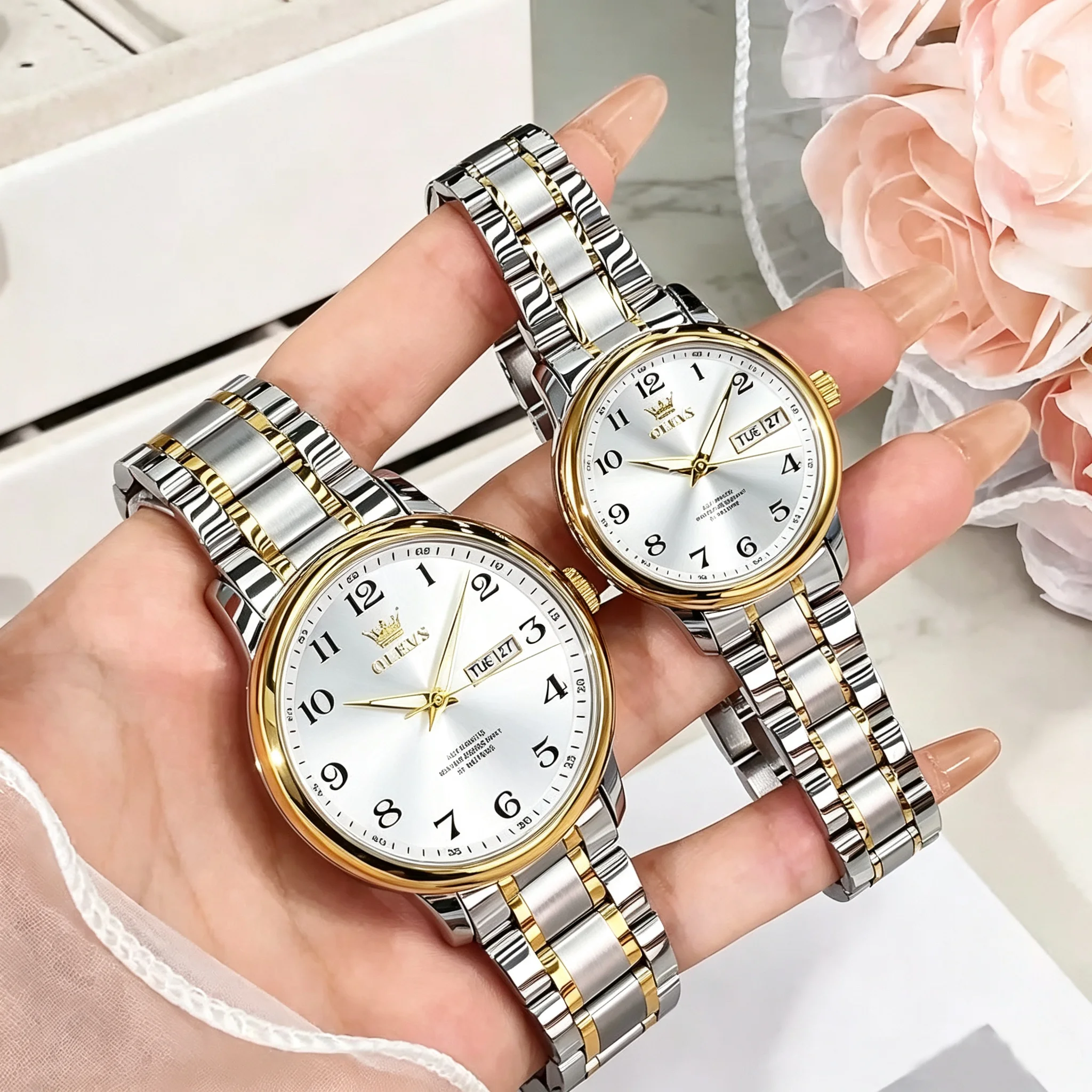 

OLEVS Original Waterproof Watches For Couple Arabic Numerals Automatic Mechanical Watches Dual Calendar Stainless Steel Reloj