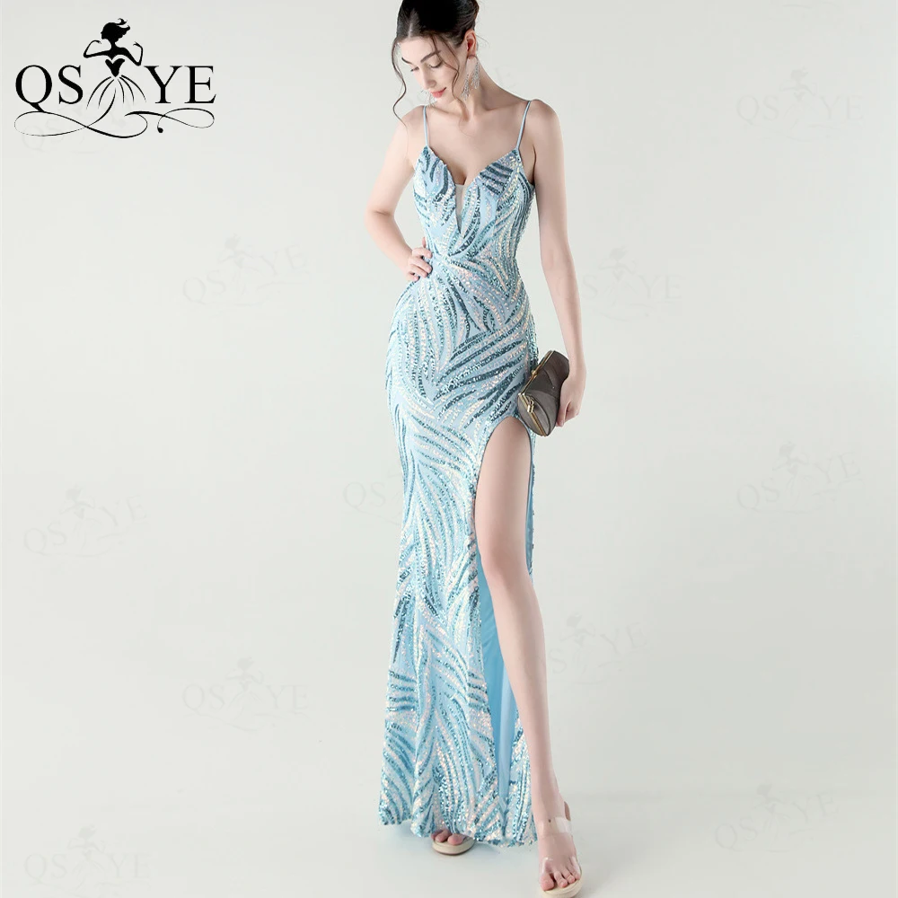 

Striped Sequin Blue Evening Dresses Spaghetti Straps V neck Long Prom Gown Glitter Pattern Sequin Lace Elegant Blue Formal Dress