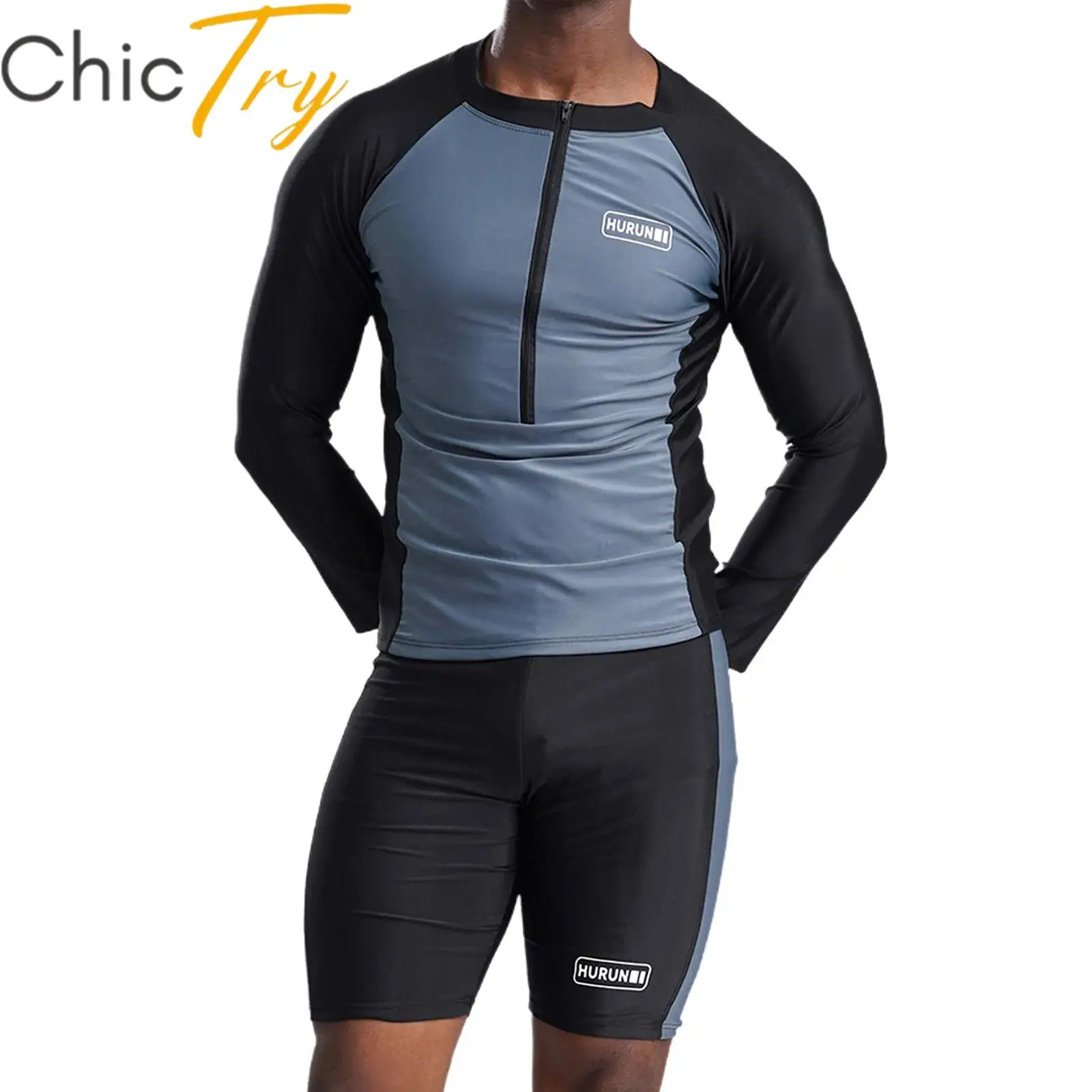 

2Pcs Swimsuit Mens Swim Sets UPF 50+ Rash Guard Long Sleeve Top and Shorts Trunks Athletic Training Surfing Swimwear Outfits