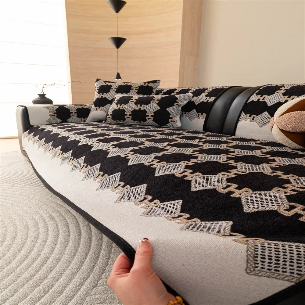 Retro Chenille Sofa Cushion Cover Universal Non-Slip Fixed Straight Row All-Seasons Slipcover for Home Comfort