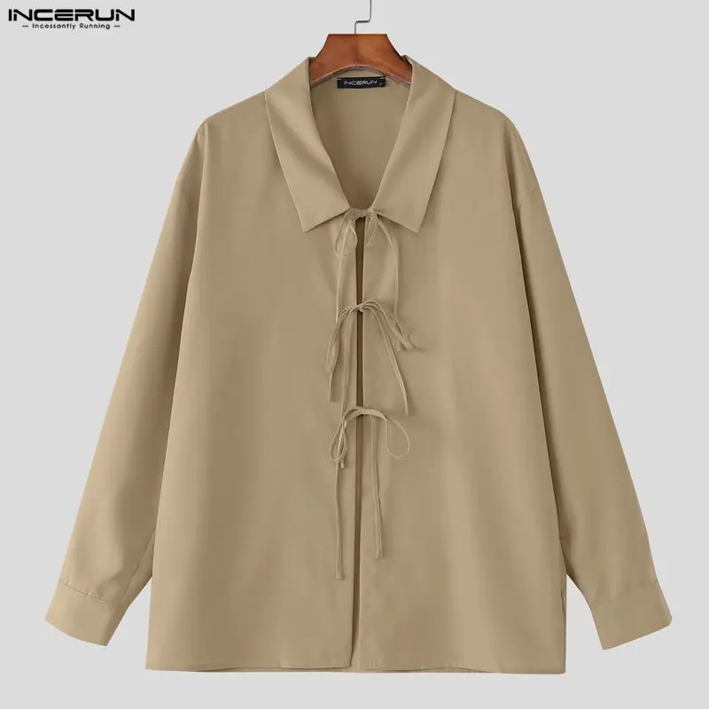 

Мужская рубашка INCERUN, однотонная, с отложным воротником, длинным рукавом, на шнуровке, уличная одежда, свободная, с вырезами, модная, повседневная, топы, мужские рубашки