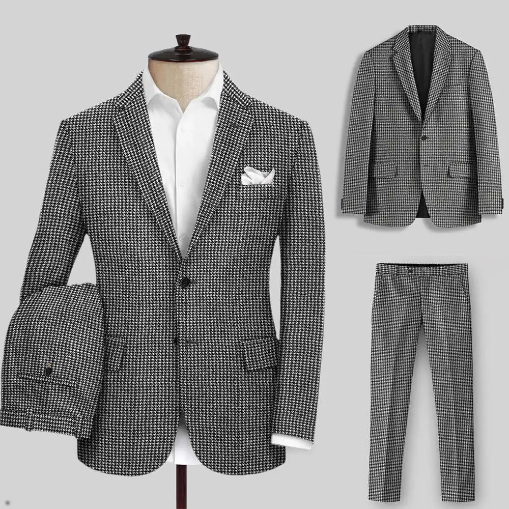 

Winter Check Men Jacket Vintage Single Breasted Pocket Tuxedos Wedding Groomsmen Party Simple Plaid Coat 2 Piece Formal Dress