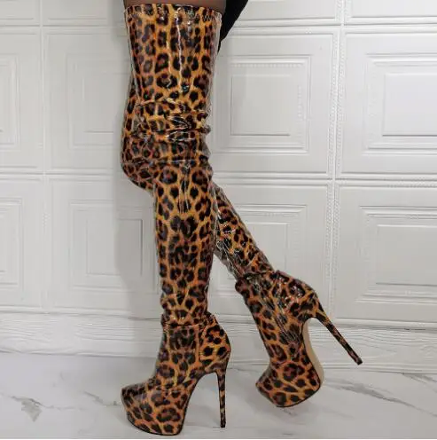 

Sexy Leopard Patent Leather Round Toe Platform Super Thin Heels Over The Knee Thigh Boots Women Night Club Long Botas Shoes Lady