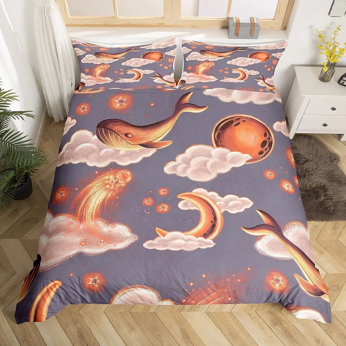 Cute Whale Duvet Cover Set Starry Sky Star Moon Comforter Cover Microfiber Cartoon Animals Bedding Set King Size for Boys Girls