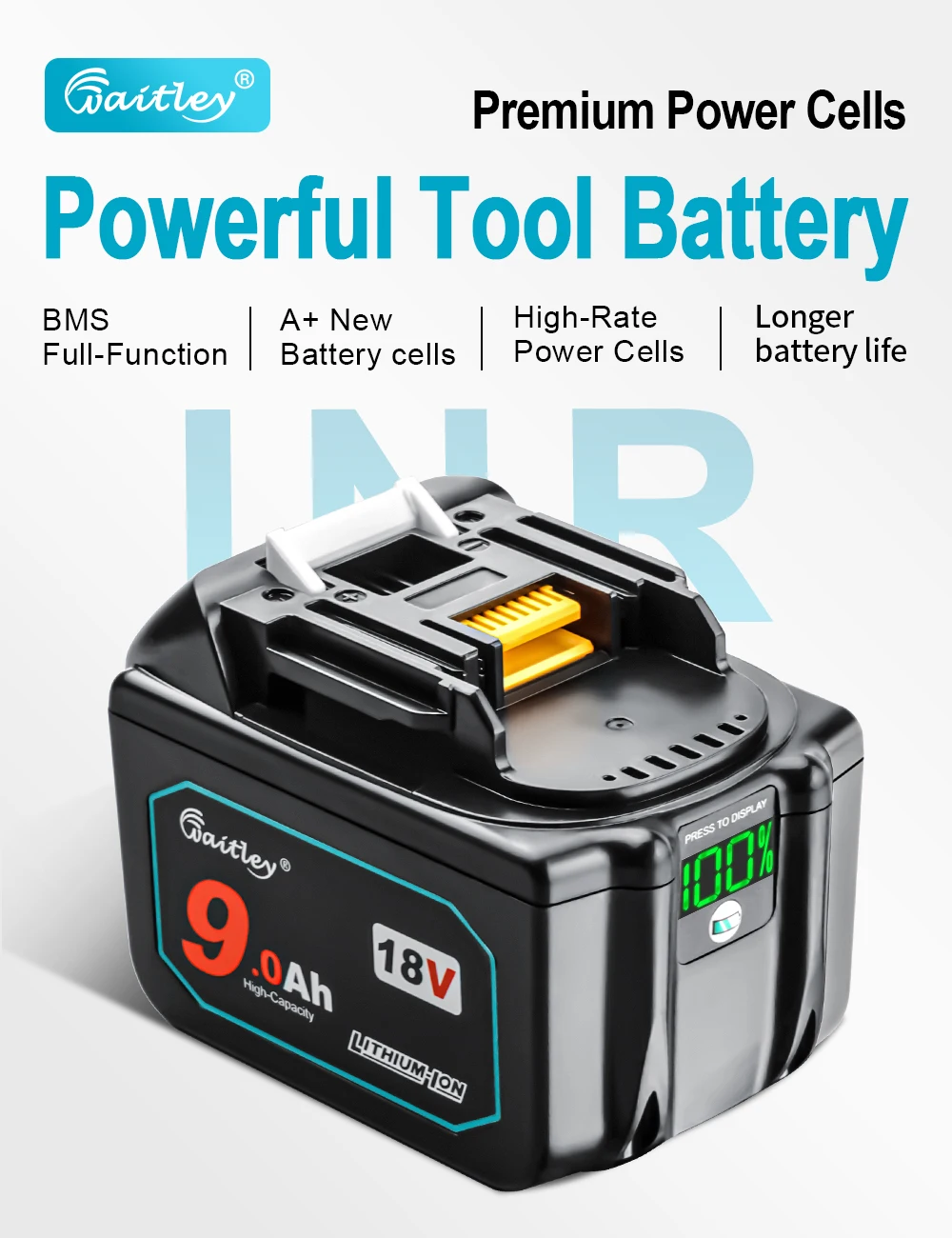 Waitley 18 V 9,0 Ah Akku für Makita Elektrowerkzeug Lithium-Ionen-Ersatz 18 Volt 9000 mAh 18 V 9 A BL1890 BL1840 BL1850 BL1860 – Detail 3