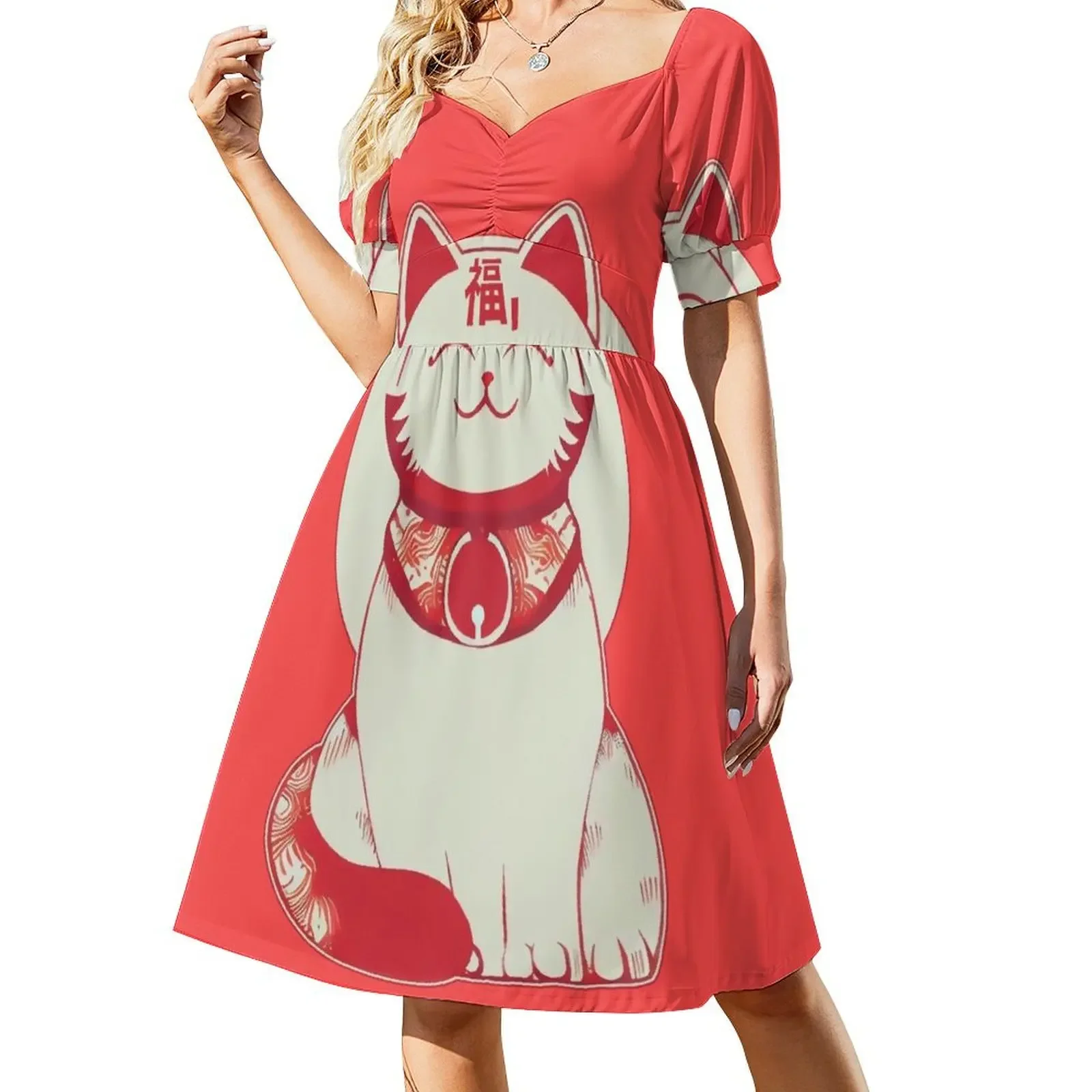 

Red Fortune Cat Short-Sleeved Dress ceremony dresses birthday dress for women sexy short dresses daring Dress