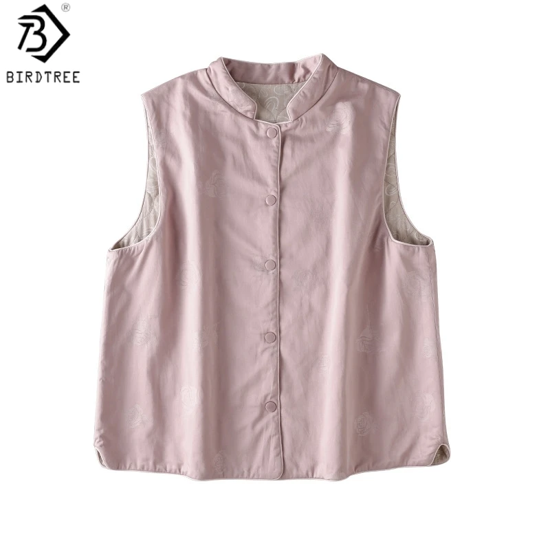 Birdtree Filling 100% Silk Waistcoat, Women Stand Collar Vest Jacket, Warmth Sleeveless Retro Tank Top, 2026 Winter New T69010JF