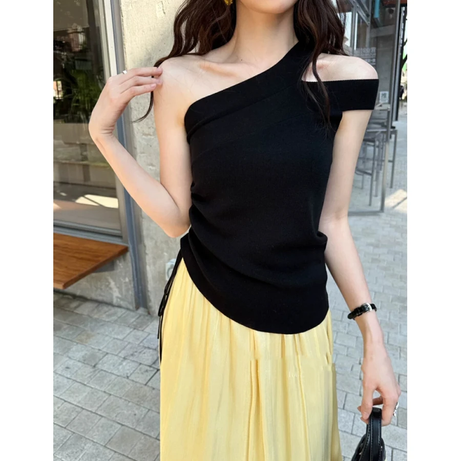 เซ็กซี่ถักเสื้อกั๊กแขนกุดผู้หญิงไม่สม่ําเสมอปิดไหล่ Slim Casual Tank Tops