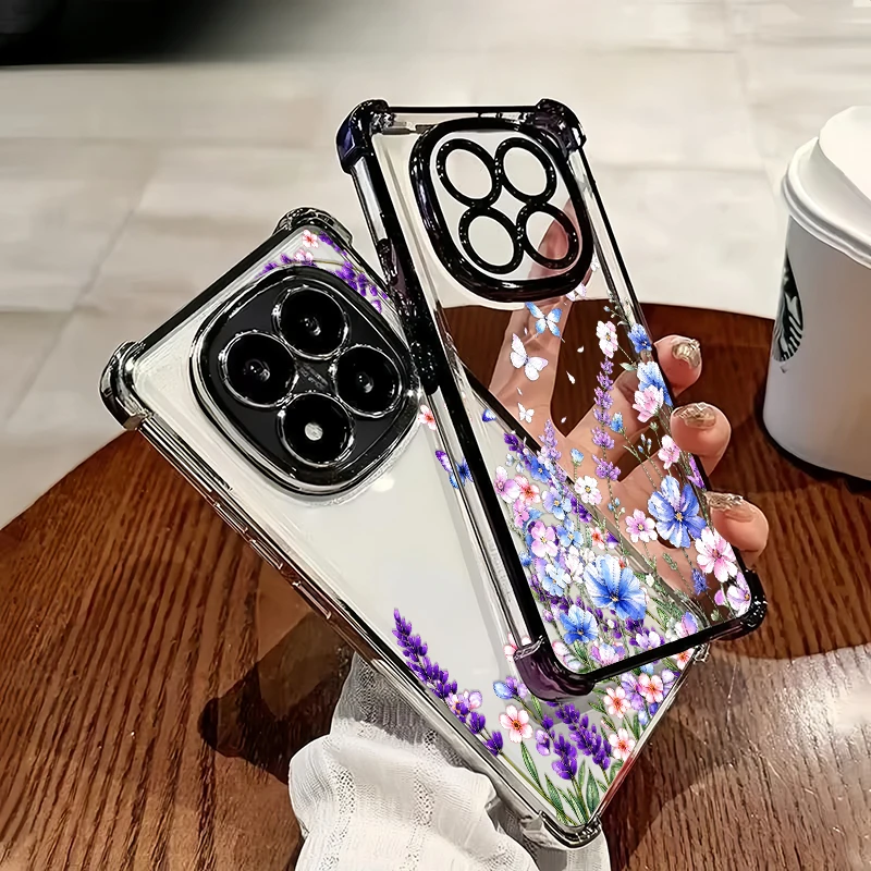 Butterfly Flowers Printing Phone Case For Redmi Note 17 13 14 15 Pro Plus MAX 4G 5G Transparent Silicone Four-Corners Cover Capa