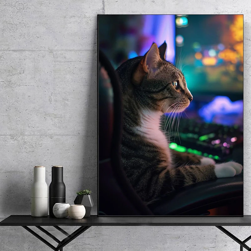 Internet Addicted Cat Posters Playing Keyboard Kitten Gaming Cute Prints Canvas Painting Wall Art Pictures Home Game Room Decor