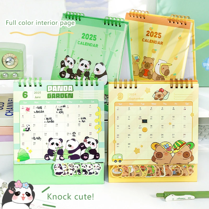 2025 Mini calendario de escritorio pequeño con diseño de capibara y Panda de dibujos animados, calendario de bobina portátil, planificador diario, calendario de escritorio