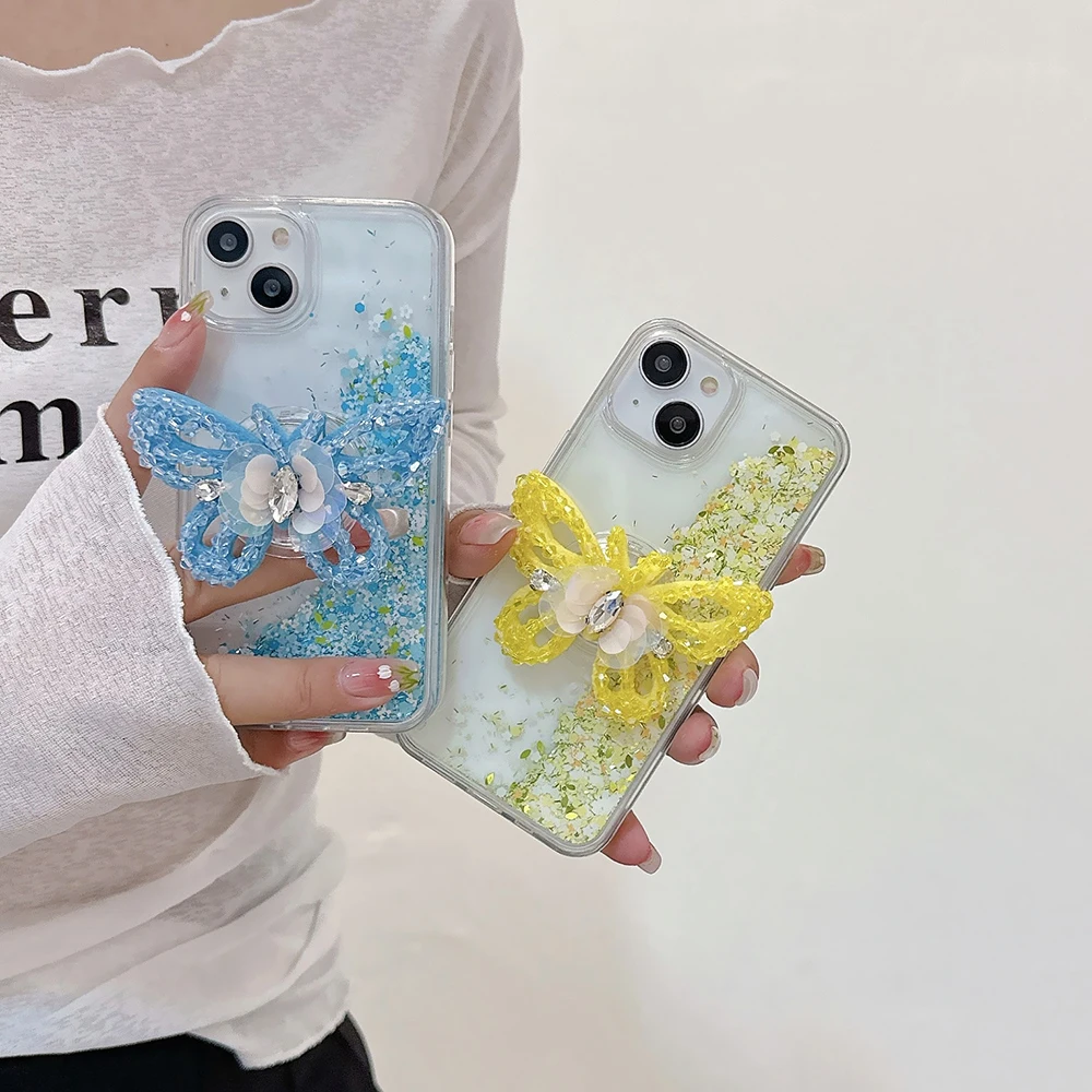 Butterfly Bracket Glitter Sequins Quicksand Phone Case for IPhone 13 12 Pro Max 1514 Plus Clear Back Cover Resistant Hard Case