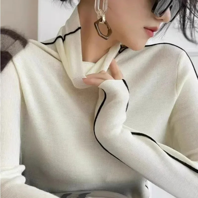 New Slim Fit Turtleneck Knitted Pullovers Women Autumn Winter Fashion Long Sleeved Top Elegant Office Lady Black White Sweaters