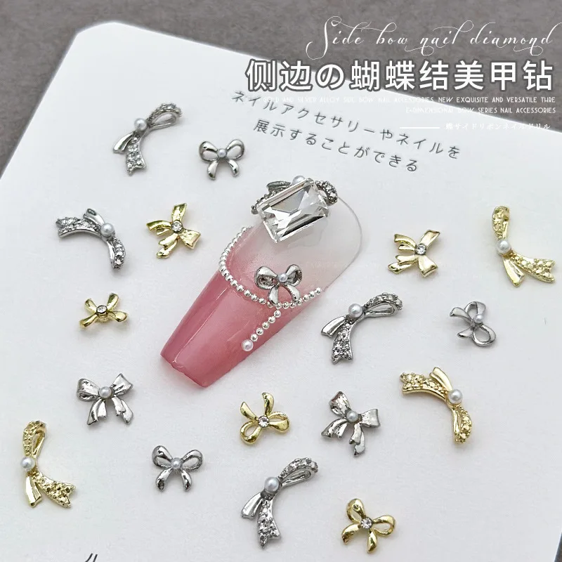 10PCS 실버 골드 금속 3D 네일 아트 보우 매력 매니큐어 장식 손톱 장식 디자인 용품에 대 한 진주 라인 석 액세서리