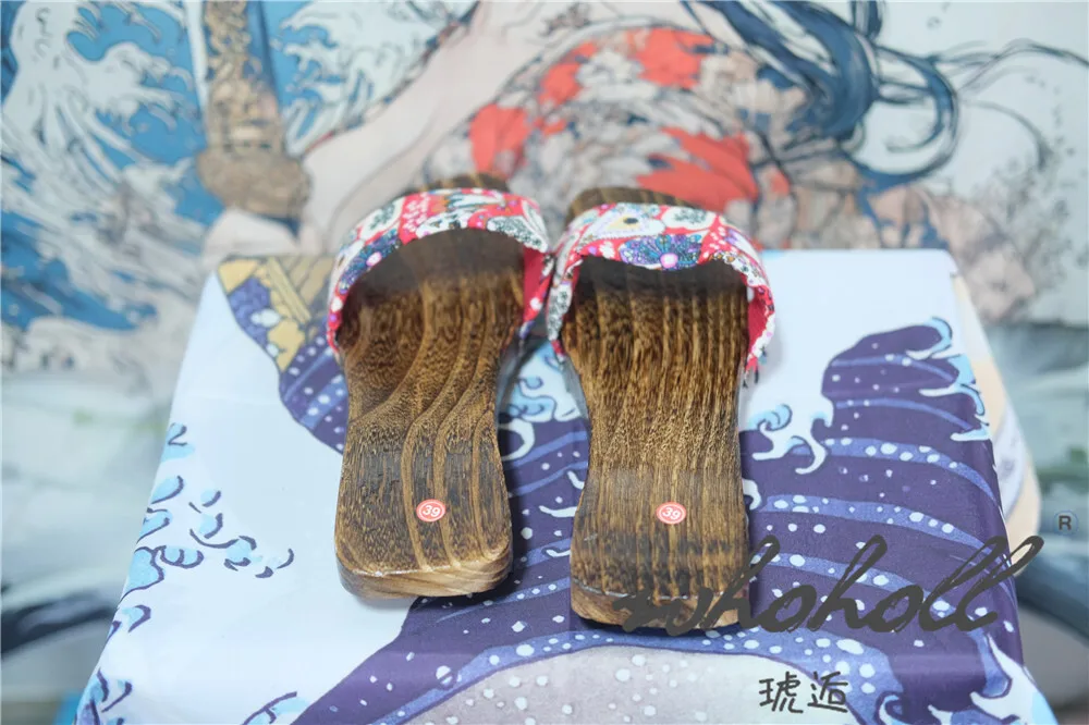 Japanische Holzclogs Damen Flip Flops Cosplay Hausschuhe Flacher Boden Sommer Kimono Sandalen Print Slipper – Detail 7