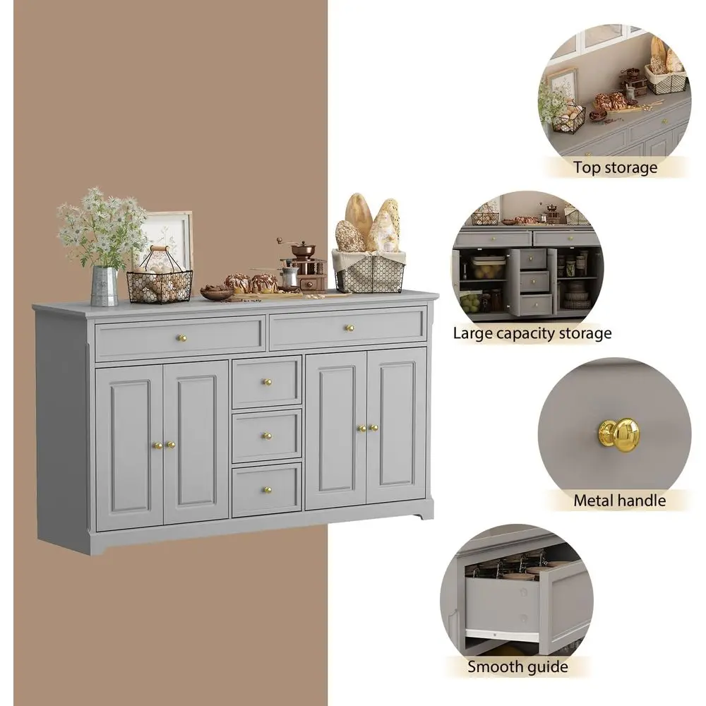 Grey Kitchen Sideboard with 5 Drawers & 4 Doors, Dining Room Storage Cabinet for Bar & Wine