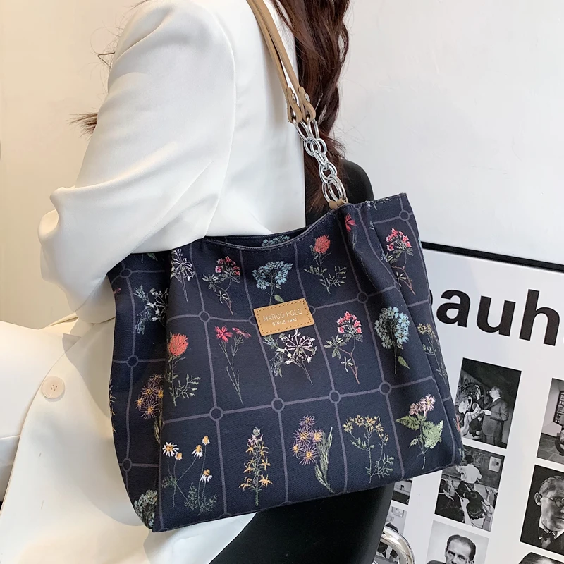 Women Canvas Bag 2022 New Summer Large Capacity Flowers Printed Shoulder Bags Fashion Premium Texture All-Match Ladies Totes