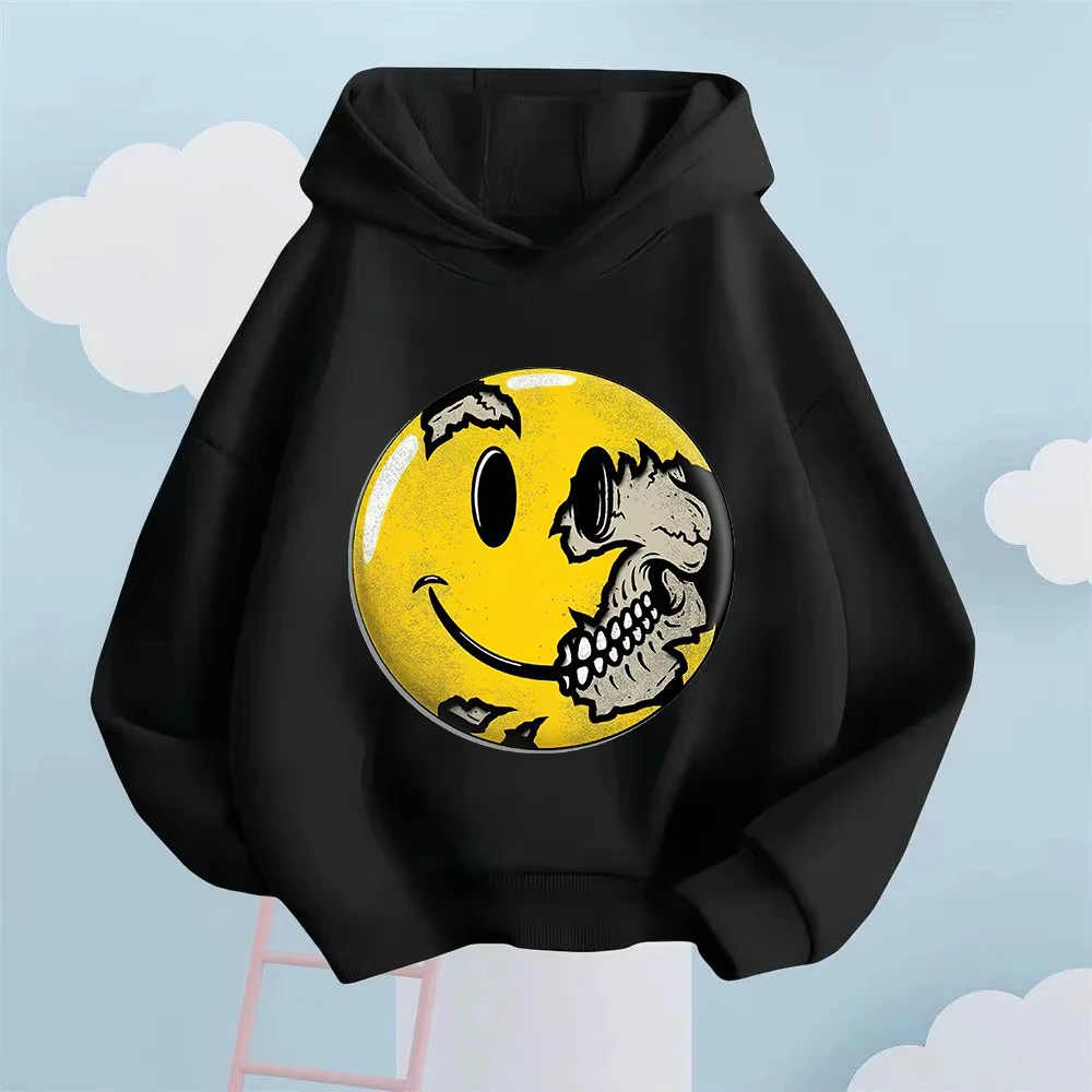 

Autumn Winter Skull Smiley Graphic Printed Hoodie Kids Fashionable High Quality Short Sleeve Casual Sports Round Neck Loose Tops