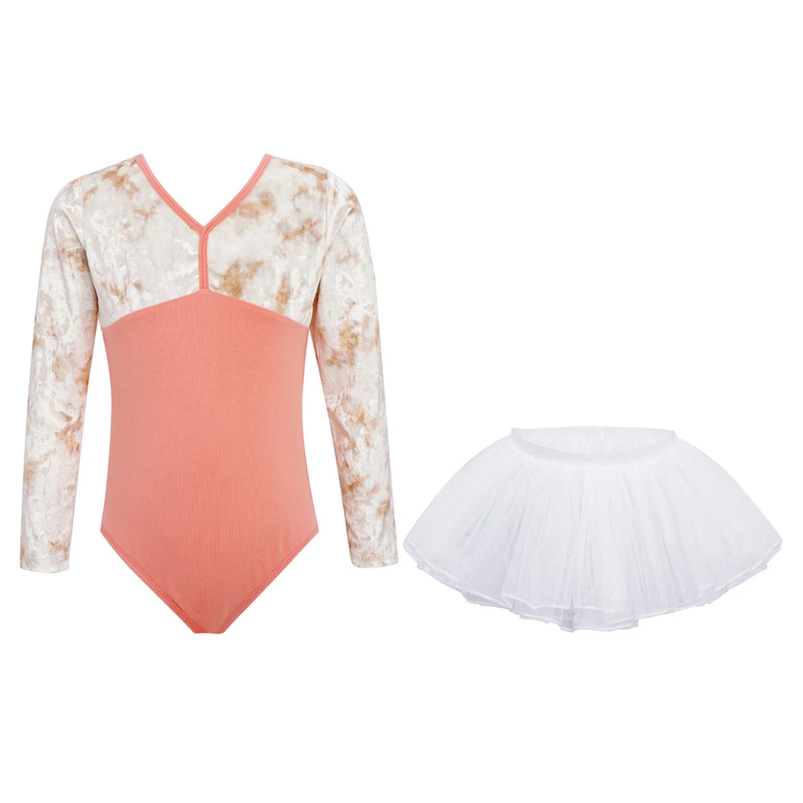 

Kids Girls Ballet Dance Gymnastic Costume Outfit Long Sleeve Velvet Patchwork Leotard with Tulle Skirt for Practice Performance
