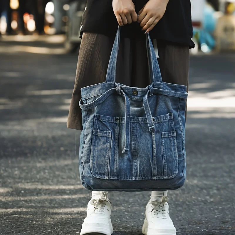 Torba na ramię typu tote z denimu o dużej pojemności, modna, uniwersalna, wyszukana, do noszenia pod pachą, idealna do dojazdów do pracy.