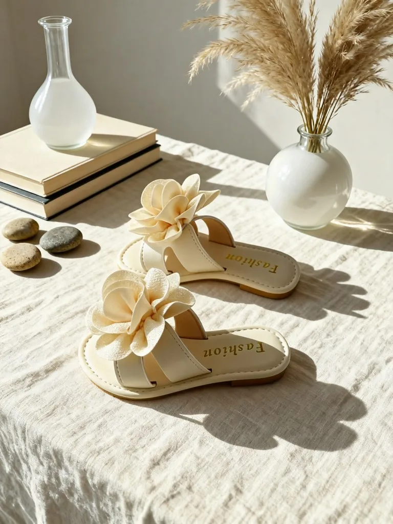 

Girls Cream Sandals with Large Fabric Flower Decor Soft PU Upper and Flexible Sole for Daily Dressy Wear