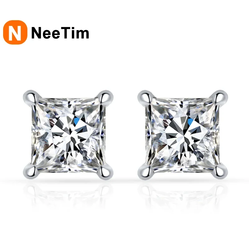 

NeeTim 1ct Princess Cut Moissanite Earrings for Women S925 Sterling Sliver with Gold Plated Ear Studs Wedding Party Fine Jewelry