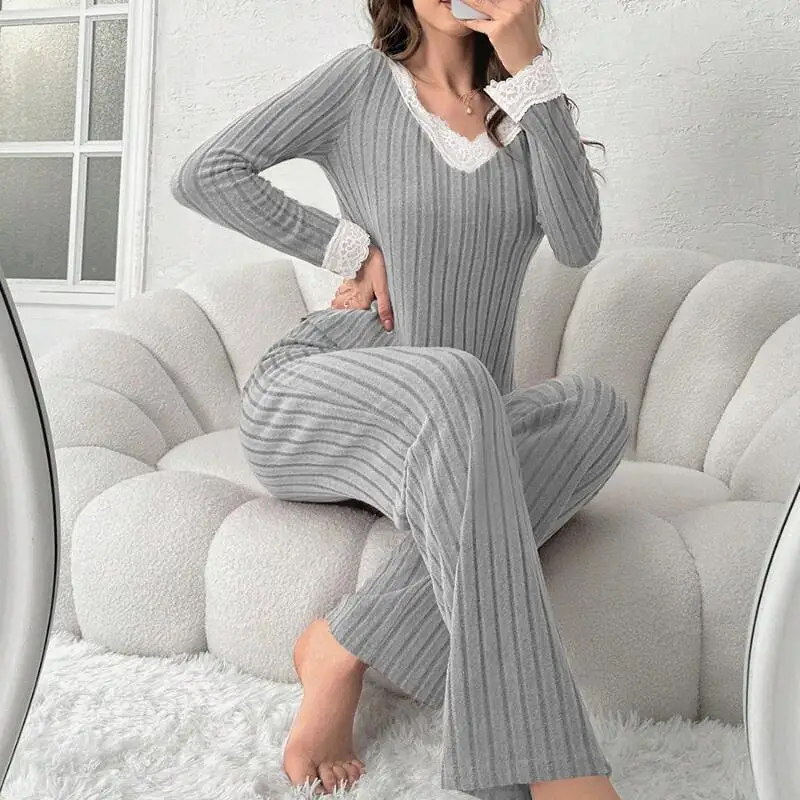 Women Autumn Winter Fashion Comfort Long Sleeve Home Clothes Two Piece Set Casual Style V Neck Lace Pit Strip Knitted Pajamaset