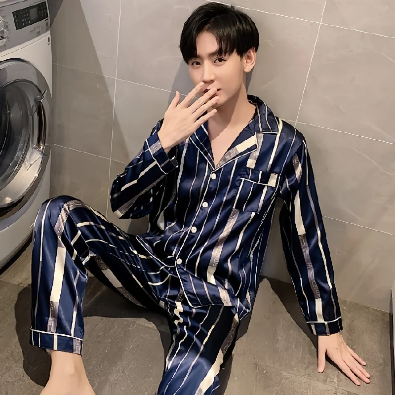 Spring Autumn Men's Imitation Silk Pajamas Long Sleeve Jacquard Cardigan Pants Loose Plus Size Home Suit Comfortable Loungewear