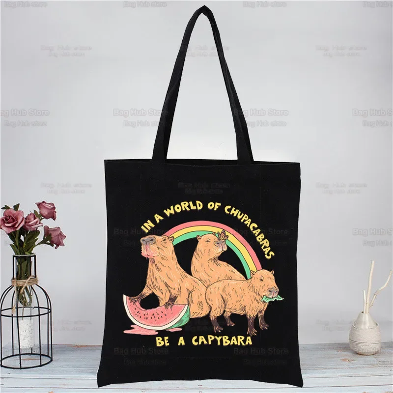 Capybaras Kawaii أسود جديد يصل الفن حقيبة قماش قنب حقائب اليد طباعة بسيطة أكياس التسوق الفتيات الحياة عارضة Pacakge