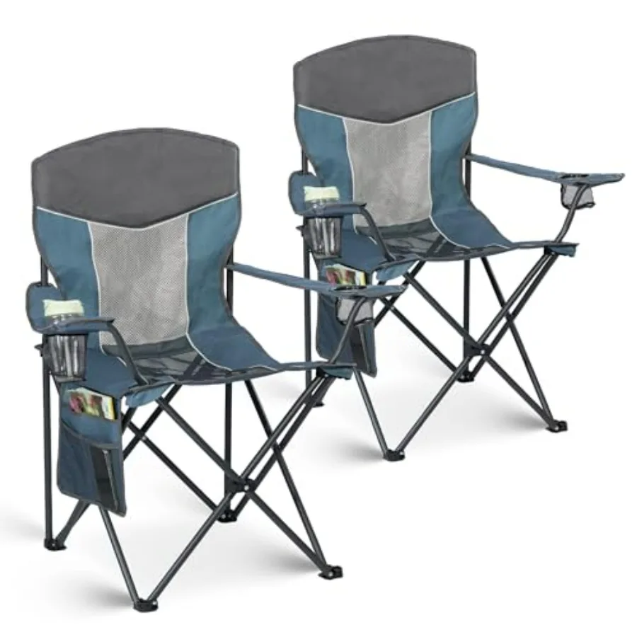 

Outdoor Camping Chair 2-Pack: Mesh Back, Folding Portable Lawn Chairs with Cup Holder Side Storage Pocket for Camping, Beach, P