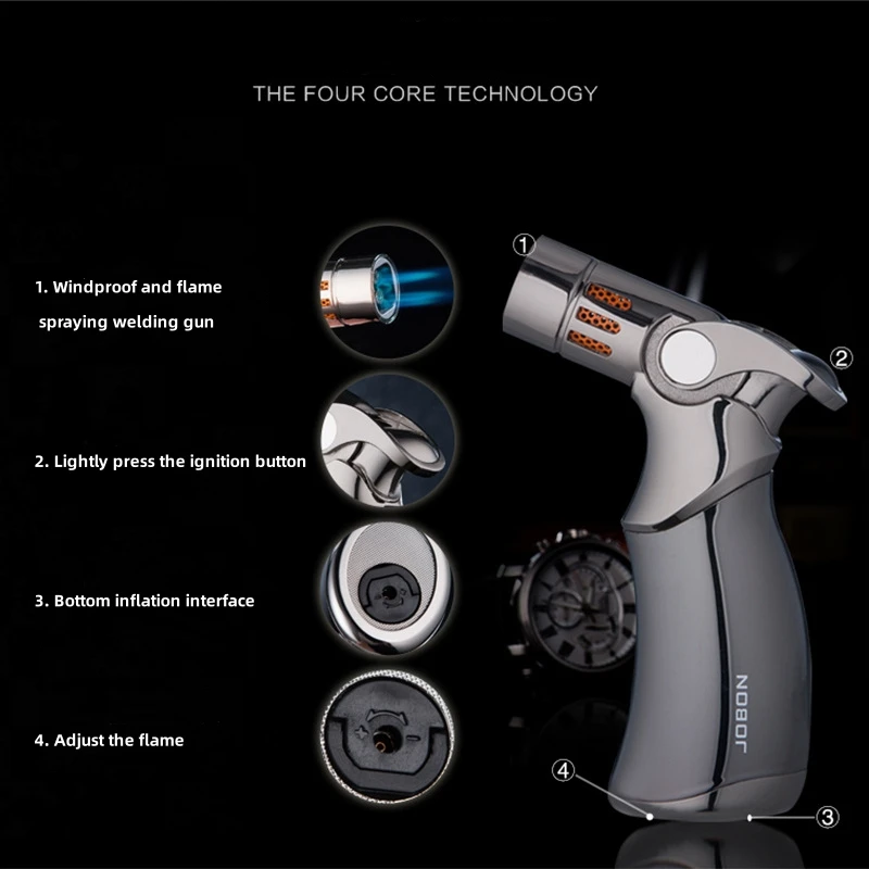 JOBON Creative Metal Windproof Butane Gas Lighter Blue Flame Turbo 4 Torch Jet Cigar Lighter Kitchen Outdoor Baking BBQ Tools