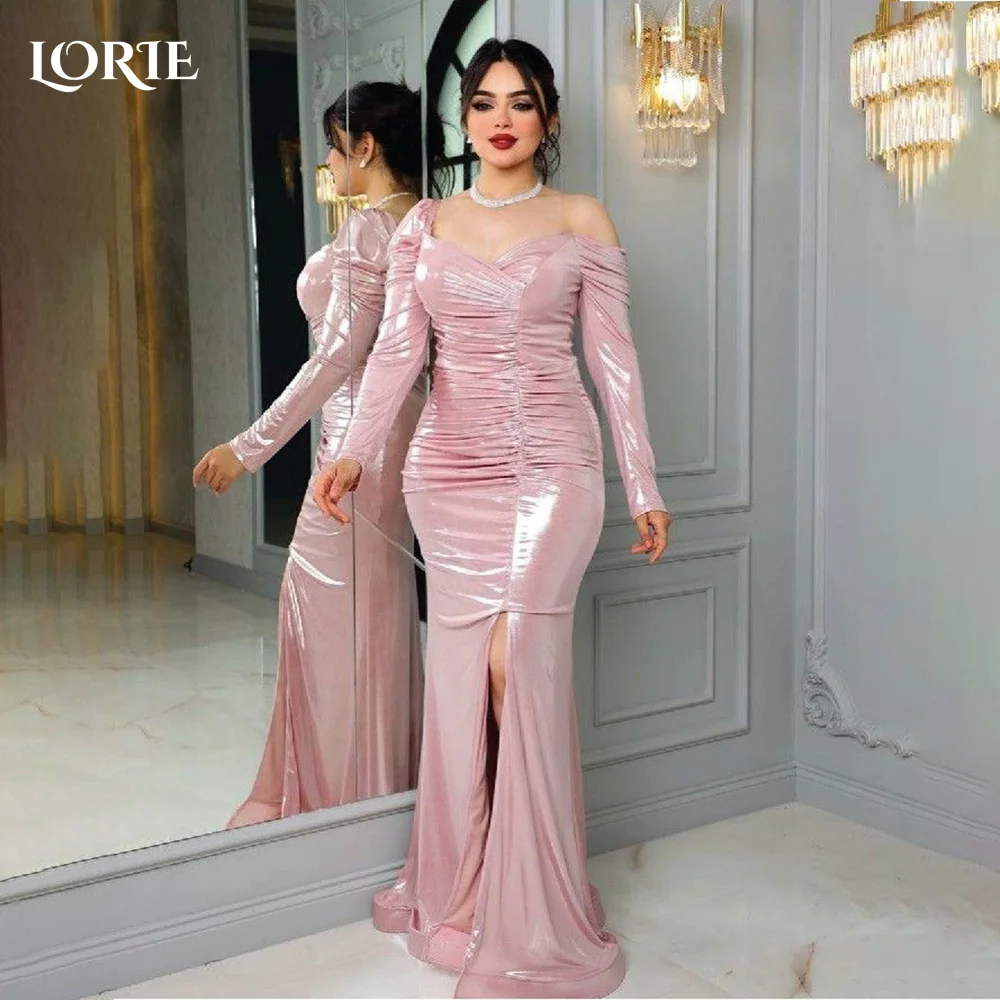 

LORIE Shiny Mermaid Evening Dress Off Shoulder Slit Prom Dress Long Sleeve Shiny Pleats Sparkly Leather Party Gown Customized