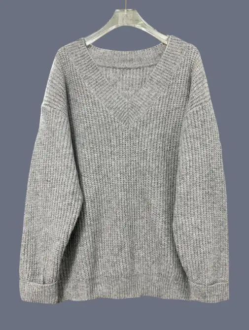 

Women's Sweater 2025 Spring Autumn New Loose and Lazy Style Gray Sweater Gentle Soft Knit V-Neck Long Sleeve Pullover Sweater