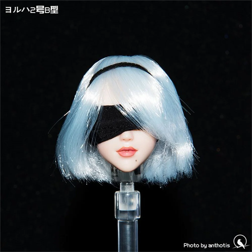 

NieR 2B Head Sculpture Carving Hair Transplant White hair Cute with Eye Patch Fit 12" TBL PH Action Figure Collection Toys