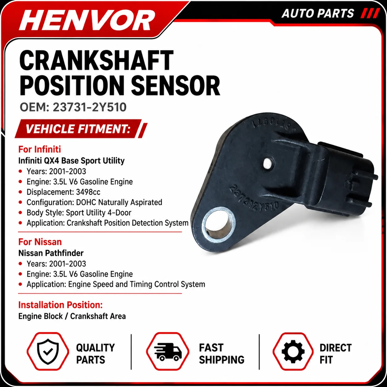 23731-2Y510 Crankshaft Position Sensor CKP Sensor For Infiniti QX4 Nissan Pathfinder 3.5L V6 2001-2003