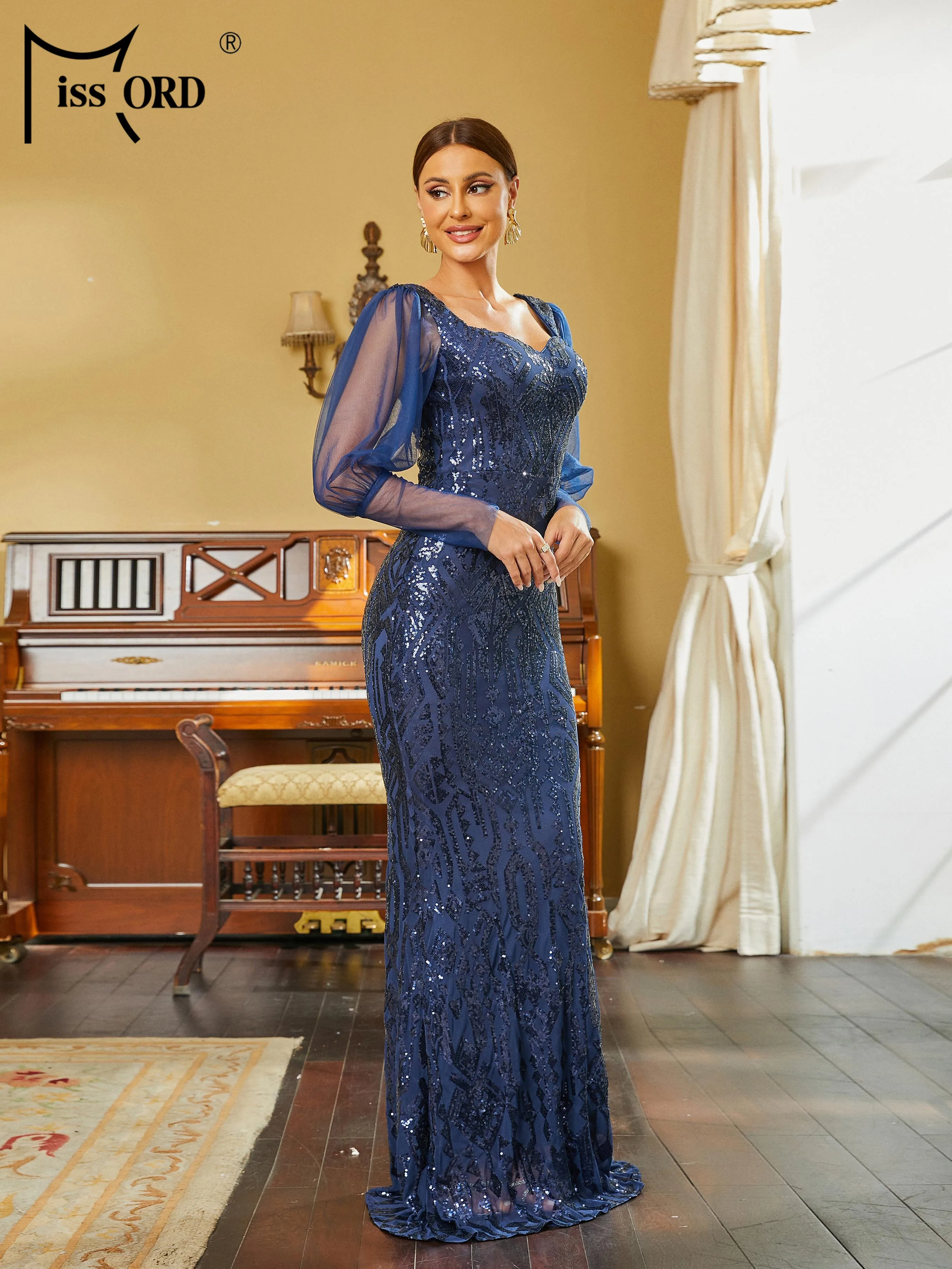 Missord-Robe Sirène en Tulle à Manches Lanternes et Paillettes, Tenue de Soirée Chic et Élégante de Luxe, Disponible en Bleu