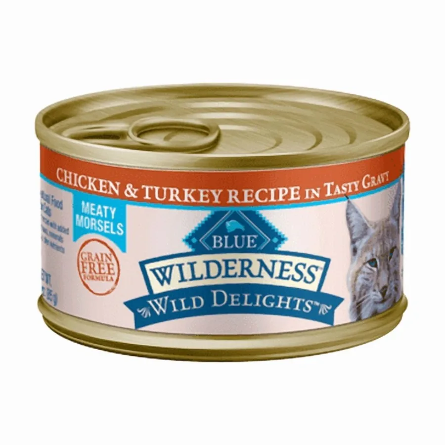 Paquete de 24 Latas de Comida Húmeda para Gatos Wilderness Wild Delights Sin Granos, Sabor a Pollo y Pavo, 3oz