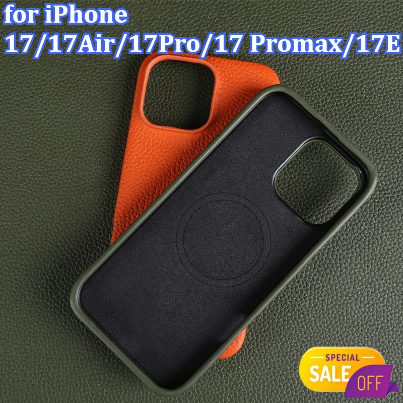 

Magnetic Litchi Grain Genuine Leather Phone Case for iPhone 17/17Air/17Pro/17 Promax/17E Business Full Wrapped Phone Cases
