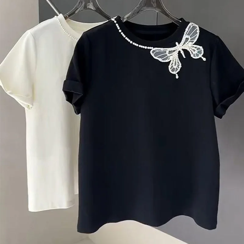 Bawełniane letnie koszulki z haftem Bufferfly Koronkowe koszulki damskie Casual All-match Diamonds Solid Color O-neck Short Sleeve Loose Top Tee