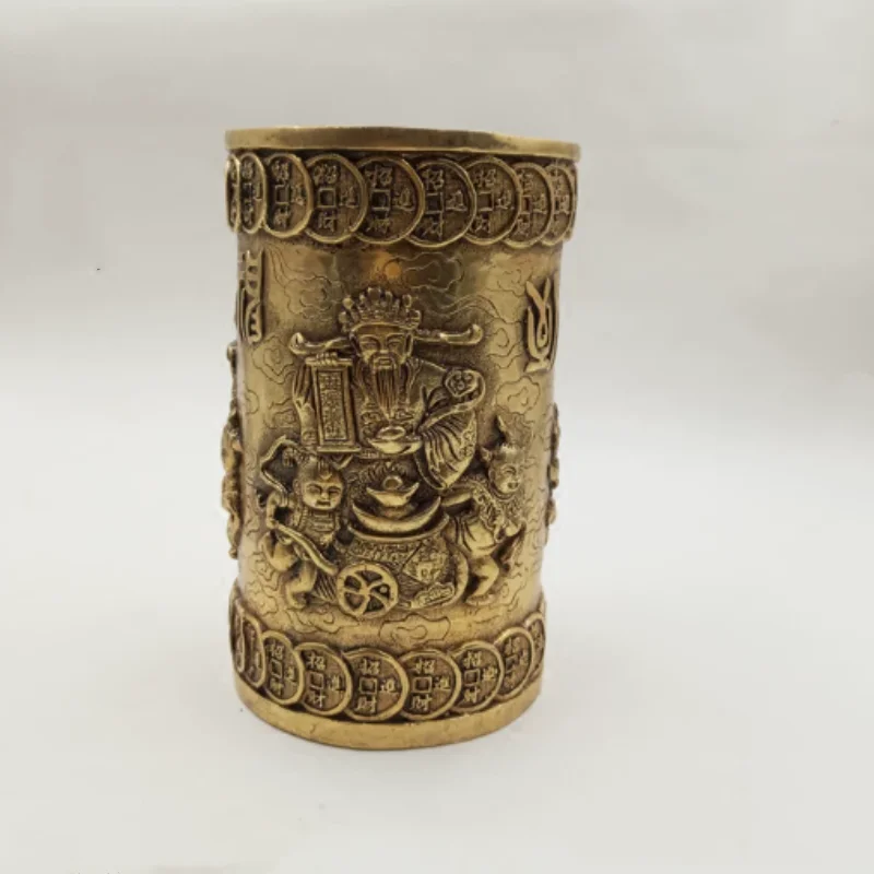 

Antique Copper God of Wealth Relief Pen Holder Brushing Pot wealth Attraction Ornament Home Study Desktop Decoration