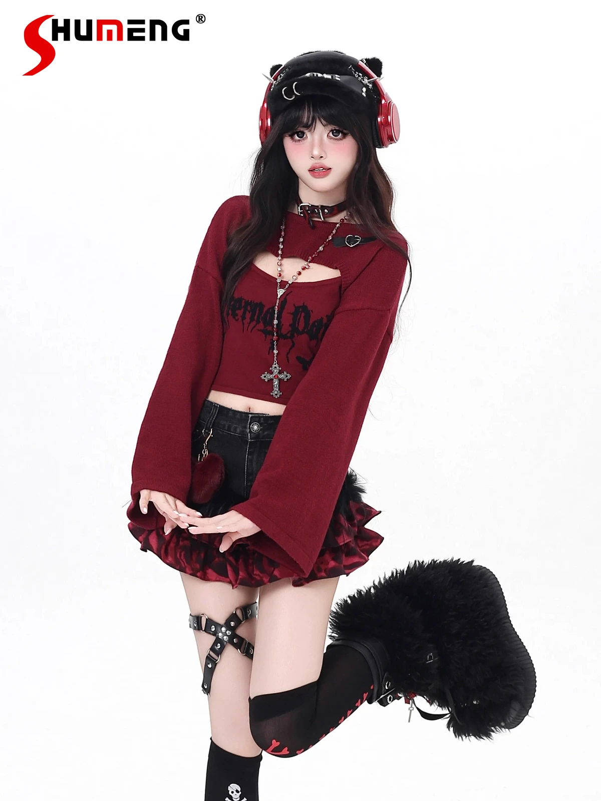 

Оригинальный вязаный свитер Sweet Cool Girl Y2K с круглым вырезом и длинными рукавами, жилет из искусственной кожи с пряжкой, укороченный топ на бретельках, женский комплект из двух предметов